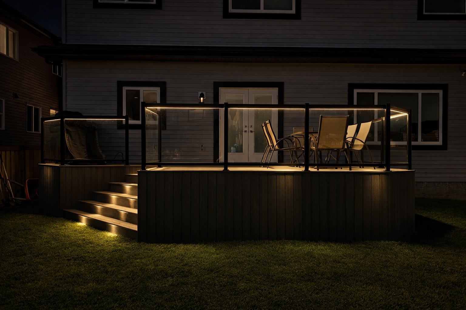 Nighttime composite deck with warm stair lights and illuminated glass railing in Edmonton, Alberta