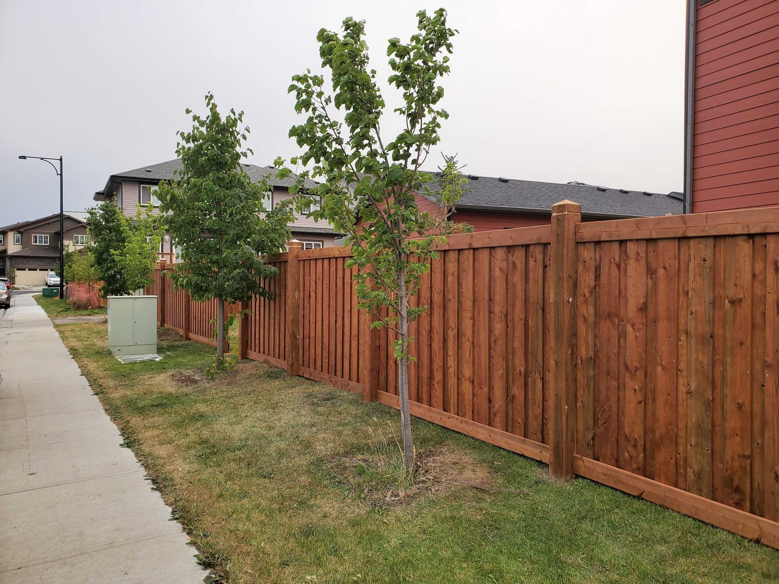 Pressure-treated privacy fence with post caps built by Crestfield Decking in Edmonton, Alberta