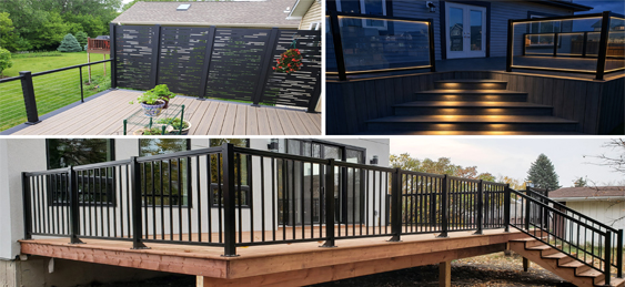 Deck railings and accessories including white aluminum railing, glass railing, decorative privacy screens, and recessed deck lighting by Crestfield Decking in Edmonton, Alberta